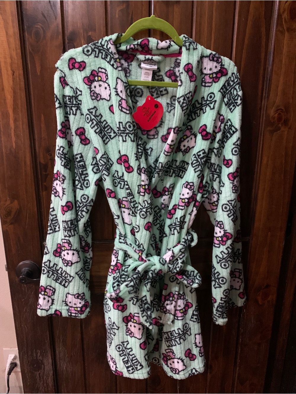 Hello Kitty Mint Green Plush Hooded Bathrobe with Pink Accents